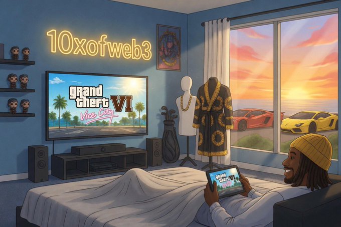 A man lounges in a stylized gaming bedroom playing "Grand Theft Auto VI" on a handheld device, with a neon "10xofweb3" sign glowing on the wall, shelves of Funko Pops, a luxury robe, and a sunset view of two sports cars (red and yellow) through the window—visually embodying the aspirational "GM CT" flex lifestyle.