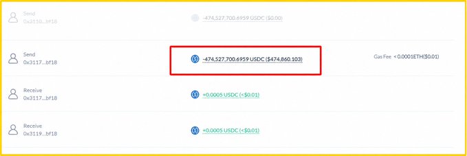 The image displays a blockchain transaction log showing a large USDC transfer of 474,527,700.6959 USDC (approximately $474,860,103) from one wallet (0x3117...9f18) to another, alongside smaller related transactions and a minimal gas fee of 0.0001 ETH. This illustrates the accompanying post's point about a "shocking" whale transfer of nearly $475 million USD, highlighting how crypto whales move massive sums between wallets as casually as everyday transfers.