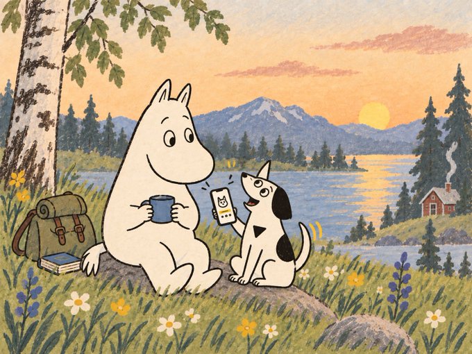 An illustrated scene of two Moomin characters sitting on a rock by a lake at sunset, with the larger white Moomintroll holding a blue mug while a smaller black-and-white dog character shows him a phone with a cat image.