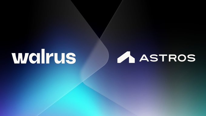 The image displays the logos of "walrus" and "ASTROS" against a dark gradient background with blue and purple highlights, visually promoting the partnership between Walrus Protocol and Astros to introduce WVTS—a new standard for verified AI trading as referenced in the accompanying post.