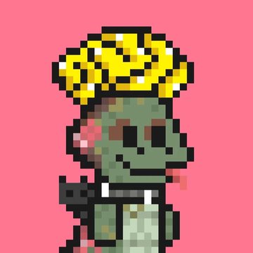 A pixel art zombie character with green skin, wearing a yellow flower crown, is smoking a cigar on a pink background, likely showcasing the user's artwork they are asking about.