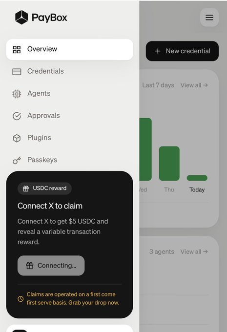 A screenshot of the PayBox dashboard shows a "Connect X to claim" USDC reward prompt stuck on "Connecting..." status. The image illustrates the user's frustration in the caption, as the X (Twitter) connection attempt via MoonPay hangs indefinitely without completing.