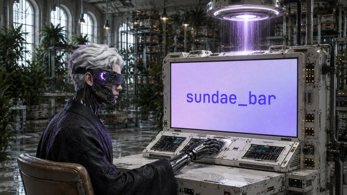 A cybernetic humanoid figure with white hair and a glowing purple visor operates an industrial computer terminal displaying 'sundae_bar' on its screen.