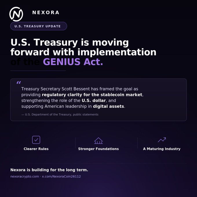 A Nexora promotional graphic with the headline 'U.S. Treasury is moving forward with implementation of the GENIUS Act,' featuring a quote attributed to Treasury Secretary Scott Bessent.