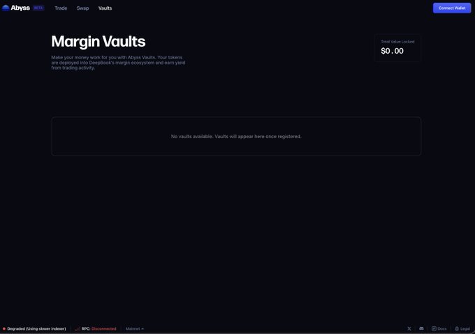 A screenshot of the 'Abyss' platform showing a 'Margin Vaults' page with 'Total Value Locked' at '$0.00' and a message stating 'No vaults available. Vaults will appear here once registered.'