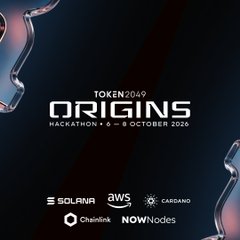 A promotional graphic for 'TOKEN2049 ORIGINS' hackathon taking place October 6-8, 2026, featuring sponsors Solana, AWS, Cardano, Chainlink, and NOWNodes.