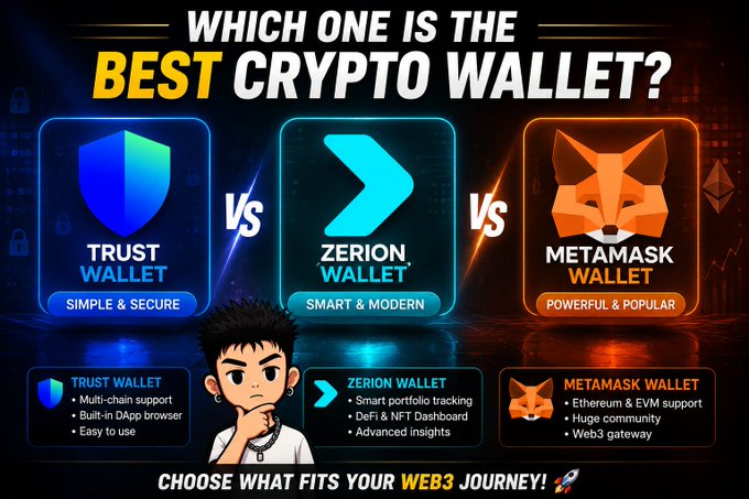 Promotional graphic asking 'WHICH ONE IS THE BEST CRYPTO WALLET?' comparing Trust Wallet, Zerion Wallet, and MetaMask Wallet features.