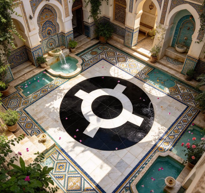 An ornate tiled courtyard with pools, fountains, arches, and plants features a large black-and-white coin-like symbol in the center.