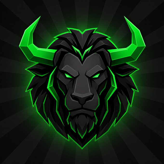 A fierce black bull-maned lion head with glowing green horns and eyes radiates against a dark sunburst background, symbolizing the bold, unstoppable power of "The Lion Bull" $LBSEM token as it tramples resistance and rewards early supporters in the Solana airdrop.