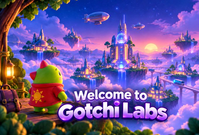 An animated promotional image reading 'Welcome to Gotchi Labs' featuring a green cartoon character in a red hoodie overlooking a fantasy floating city.