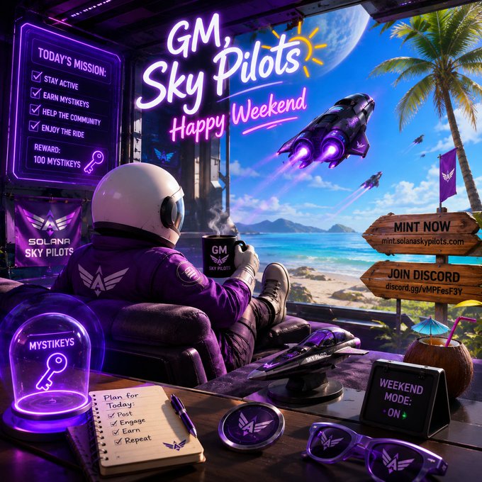A vibrant purple-themed promotional graphic for 'GM, Sky Pilots Happy Weekend' featuring an astronaut relaxing by a window overlooking a tropical beach with futuristic spacecraft, branded with Solana Sky Pilots and MYSTIKEYS logos.