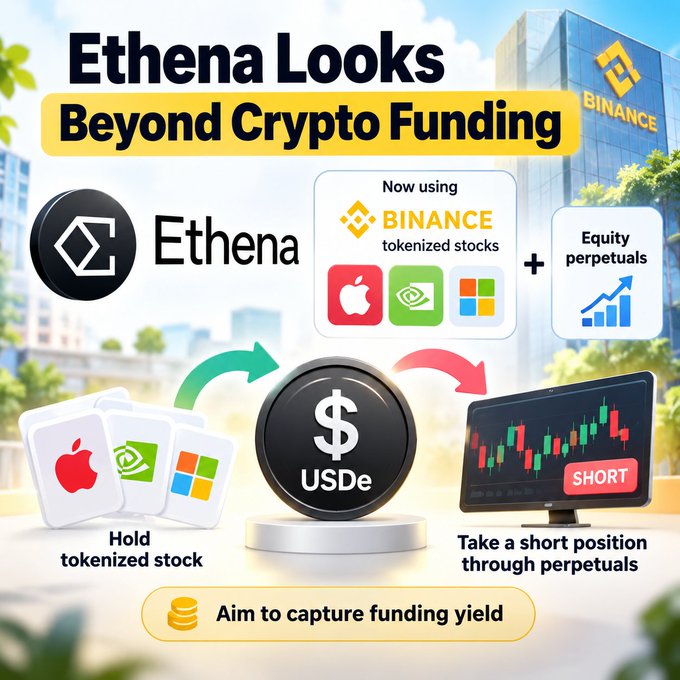 An infographic titled 'Ethena Looks Beyond Crypto Funding' showing how Ethena (ENA) now uses Binance tokenized stocks (Apple, NVIDIA, Microsoft) alongside equity perpetuals to generate funding yield via the USDe stablecoin.