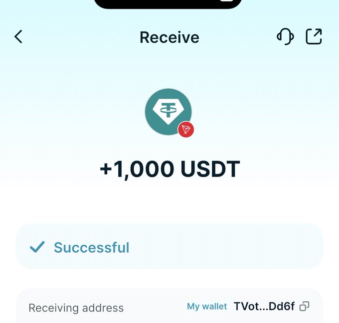 A cryptocurrency wallet app showing a successful receipt of +1,000 USDT, with the receiving address truncated as TVot...Dd6f.