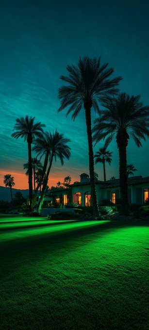 A vibrant landscape photograph showing palm trees silhouetted against a dramatic teal and orange sunset sky, with a brightly lit green lawn and a Mediterranean-style house in the background.