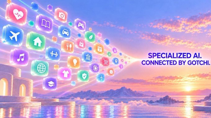 A promotional image with colorful app icons flowing out of a beam, showing the text 'SPECIALIZED AI. CONNECTED BY GOTCHI.' against a sunset seascape background.