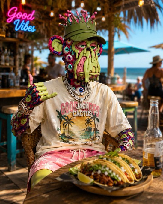 A surreal AI-generated image of a colorful, multi-eyed, melting-faced character wearing a crown and "Good Vibes Cactus" t-shirt, sitting at a tropical beach bar with tacos and a beer, giving a thumbs up.