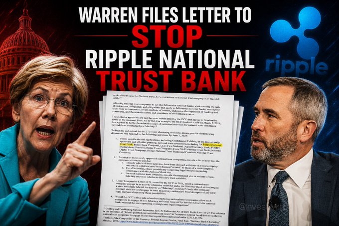 The image features two people, one wearing a blue jacket and the other wearing a white shirt, with both of them pointing at a letter that says " Warren Files Letter To Stop Ripple National Trust Bank". The letter is accompanied by a document titled "Ripple National Trust Bank Demands OCC Hand Over FULL Crypto Banking Documents By June", which suggests that there might be a legal issue or dispute related to Ripple National Trust Bank.