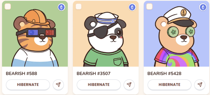 Three illustrated NFT-style bear cards are labeled “BEARISH #588,” “BEARISH #3507,” and “BEARISH #5428,” each with a “HIBERNATE” button and a small send icon.