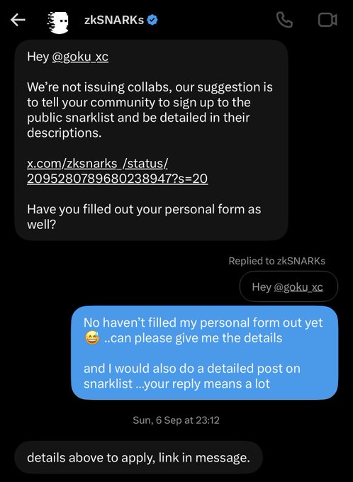 A Twitter DM screenshot shows a conversation between zkSNARKs and @goku_xc about not issuing collabs and a public snarklist, with the user requesting personal form details.