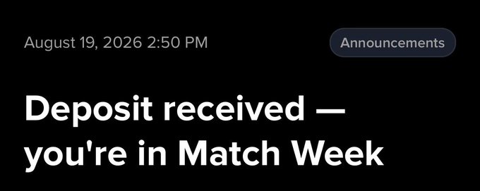 A dark-themed announcement graphic dated August 19, 2026, with the headline "Deposit received — you're in Match Week." The image's headline reinforces the post's message about a $MOBY deposit promotion tied to Match Week trading activity.
