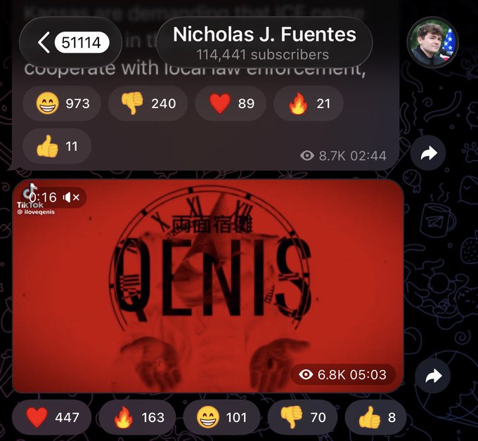 A social media interface showing user Nicholas J. Fuentes with 114,441 subscribers, displaying reaction emojis and counts, with a TikTok video titled 'QENIS' visible below.