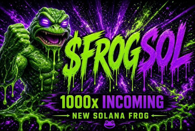 A menacing green frog with glowing purple eyes drips slime beside bold graffiti-style text reading "$FROGSOL," promoting the Solana-based meme coin with "1000X INCOMING" and "NEW SOLANA FROG" tags. The toxic green and purple aesthetic amplifies the post's hype, framing $FROGSOL as a high-risk, high-reward "legend-making" opportunity on Solana.