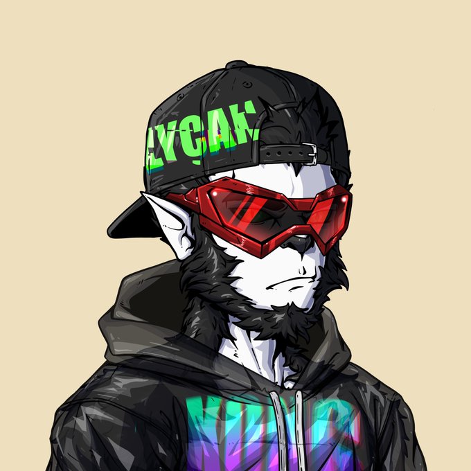A digital illustration of an anthropomorphic wolf-like character wearing a black snapback hat with green "GANG" text and red futuristic sunglasses, dressed in a black hoodie with a colorful graphic.