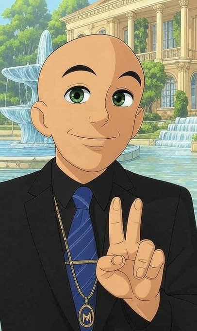 An anime-style illustration of a bald man in a black suit and blue tie wearing an 'M' medallion, making a peace sign in front of a fountain and classical building.