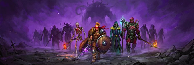 Dark fantasy digital artwork depicting a group of adventurers—a knight with shield and torch, a skeleton archer, a robed spellcaster, and a horned warrior with flames—facing shadowy demonic figures and a large horned monster looming in a purple misty wasteland.