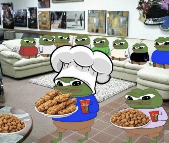 A digitally edited image shows Pepe the Frog characters dressed as KFC staff, with the chef holding a platter of fried chicken and "KFC" branding visible on their uniforms and cups. The scene ties into the post by humorously reframing the KFC-themed "Chicken Tenders" meme coin as a legitimate investment, with multiple Pepe variants acting as eager "customers" lined up on the couch ready to buy.