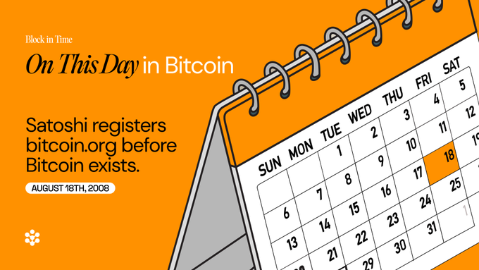 An orange graphic titled 'On This Day in Bitcoin' features a calendar with August 18th highlighted and text: 'Satoshi registers bitcoin.org before Bitcoin exists. AUGUST 18TH, 2008'.
