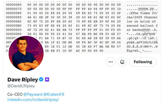 A Twitter profile for Dave Ripley (@DavidLRipley), Co-CEO of @Payward and @KrakenFX, overlaid on a background of hexadecimal code referencing 'EThe Times 03/Jan/2009' (Bitcoin's genesis block text).