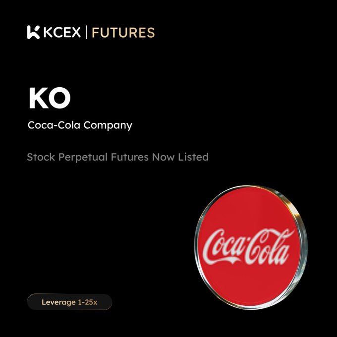 A KCEX Futures announcement for 'KO' (Coca-Cola Company) Stock Perpetual Futures Now Listed with 1-25x leverage, featuring the classic red Coca-Cola logo on a black background.