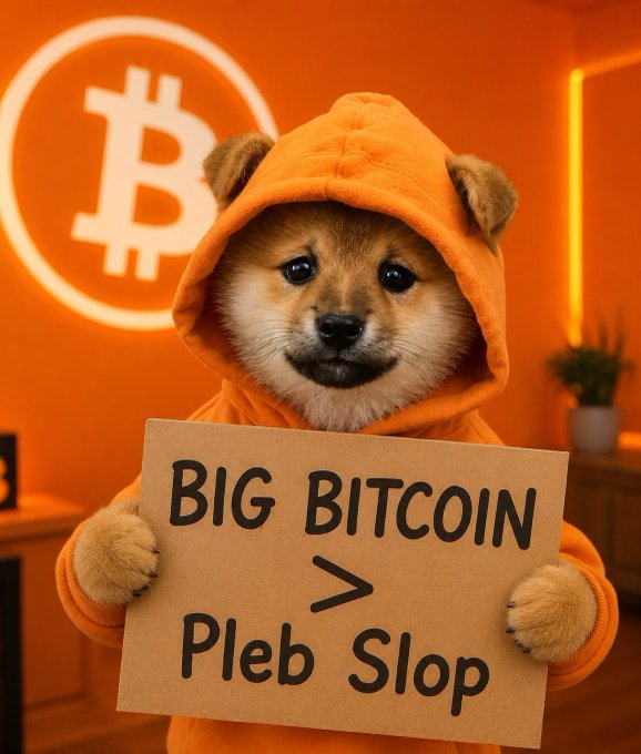 An AI-generated image of a Shiba Inu dog wearing an orange hoodie with a Bitcoin logo in the background, holding a cardboard sign that reads 'BIG BITCOIN > Pleb Slop'.