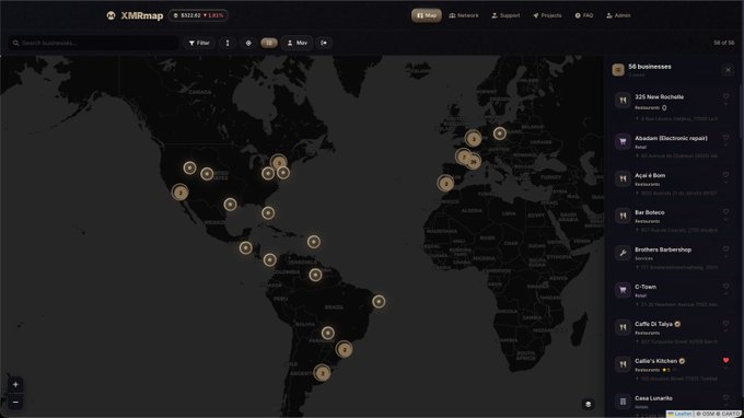 Screenshot of the XillRmap dashboard showing a world map with 56 cryptocurrency businesses mapped globally, including 325 New Rochelle, Aviador, Aja'e Bum, and Bar Bosco.