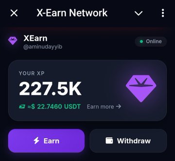 A screenshot of the X-Earn Network app showing a user's account with "XEarn" (@aminudayib) displaying "Online" status and a balance of 227.5K XP equivalent to ~$22.7460 USDT, along with "Earn" and "Withdraw" buttons. The image serves as promotional proof of earnings to support the announcement about registration bonuses and task rewards on the X-Earn Network platform.
