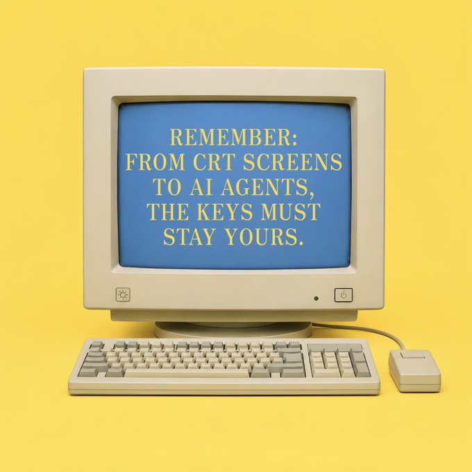 A vintage beige CRT computer with keyboard and mouse displays yellow text on a blue screen: 'REMEMBER: FROM CRT SCREENS TO AI AGENTS, THE KEYS MUST STAY YOURS.'