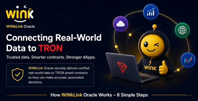 A promotional graphic for 'WINkLink Oracle' featuring a yellow smiley mascot in a hoodie beside a laptop, with the text 'Connecting Real-World Data to TRON' and 'Trusted data. Smarter contracts. Stronger dApps.'