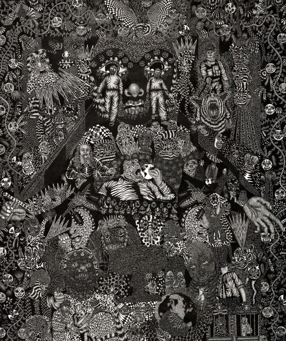 A detailed black and white artwork densely packed with surreal figures, faces, and intricate patterns, reminiscent of psychedelic or visionary art styles.
