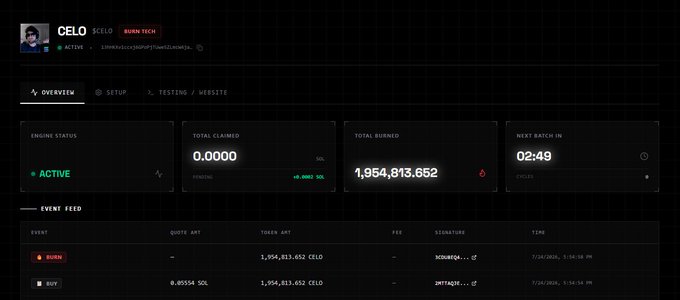 A dark dashboard interface for 'CELO BURNTECH' showing engine status as ACTIVE, total claimed of 0.0000 CELO, and total burned of 1,954,813.652.
