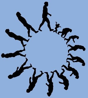 Black silhouettes of human figures arranged in a circle on a blue background, with two figures walking at the top leaving the formation.