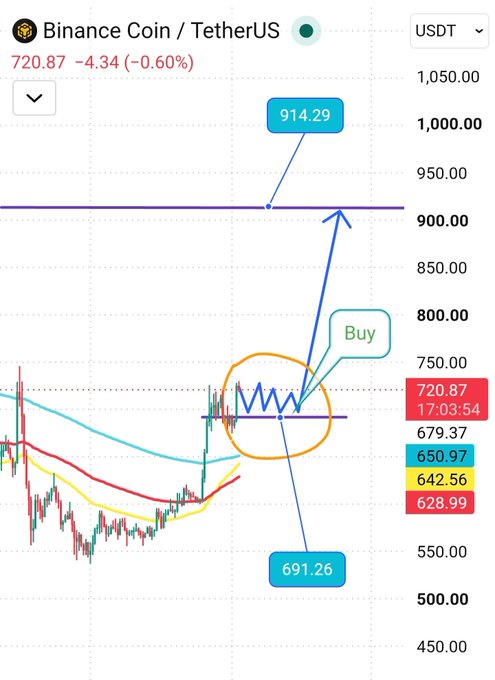 A cryptocurrency trading chart for Binance Coin (BNB/USDT) priced at 720.87, showing a bullish technical analysis pattern with annotations indicating a buy zone around 691.26 and a price target of 914.29.