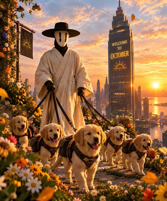 A surreal scene shows a masked figure in white robes walking several golden retriever dogs on leashes through a flower-filled garden, with a skyscraper displaying 'WELCOME TO OCTOBER' in the background at sunset.