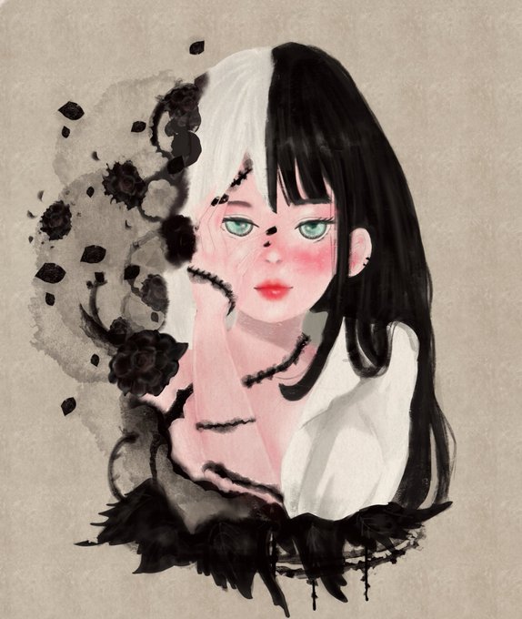 A digital illustration of a pale-skinned character with half-white, half-black hair, green eyes, and red lips, wearing a white shirt, set against a textured beige background with black floral elements.