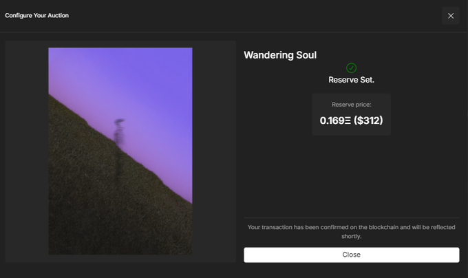 A screenshot of an NFT auction configuration page for 'Wandering Soul' with a reserve price of 0.169Ξ ($312) confirmed on the blockchain.