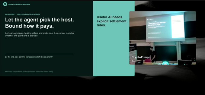 A slide titled "Let the agent pick the host. Bound how it pays." from a Silverscript/Kaspa covenants workshop discusses how an LLM chooses hosting offers while a covenant controls payment, displayed alongside a livestream of the workshop featuring a CryptoPumpz presentation at the UK AI Agent Hackathon at Imperial College London.