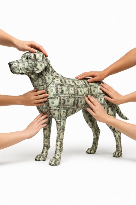 A statue of a dog made entirely of US dollar bills is being petted and admired by multiple hands, visually representing the $CASHDOG meme by depicting literal "cash dog."