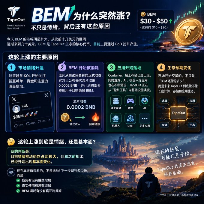 A promotional graphic for BEM on the TapeOut platform, explaining its recent price surge from $10-$20 to $30-$50, citing factors like market emotion, BNB fee consumption, and emerging applications like blockchain storage and AI.