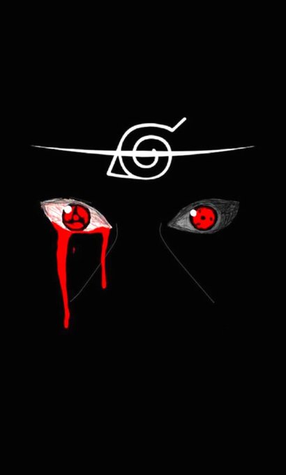A minimalist digital drawing of two stylized eyes with red irises, one bleeding red tears, positioned below a white geometric symbol on black.