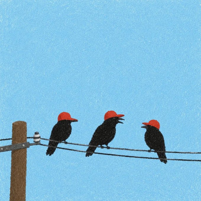 Three black birds wearing red baseball caps perch on power lines against a blue sky, alongside a small bird figurine on a pole. The whimsical scene plays on the "gm" (good morning) tweet with its sunny, casual composition suggesting an early morning greeting.